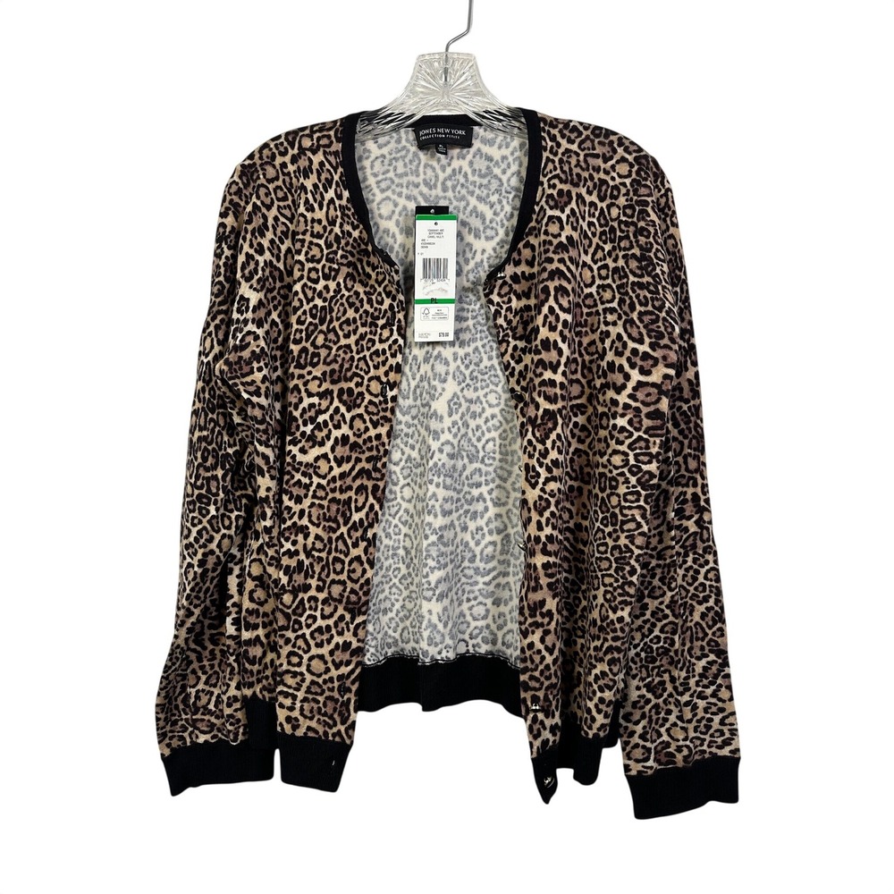 Jones New York Petite Leopard Print Cardigan Sweater Large FLAW
